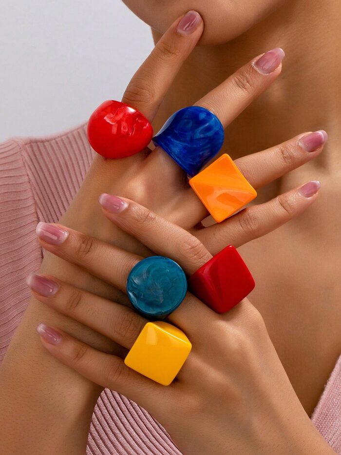 6pcs Set Vintage Exaggerated Acrylic Rings