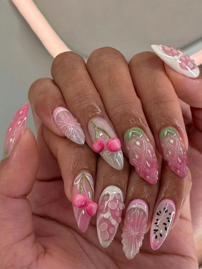 24Pcs Long Almond 3d Gelnails Makes Flower Nails Design French Tip Press On