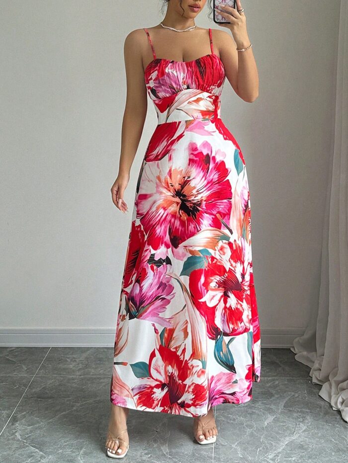 Calvaya Flower Print Slim Fit Spaghetti Strap Dress