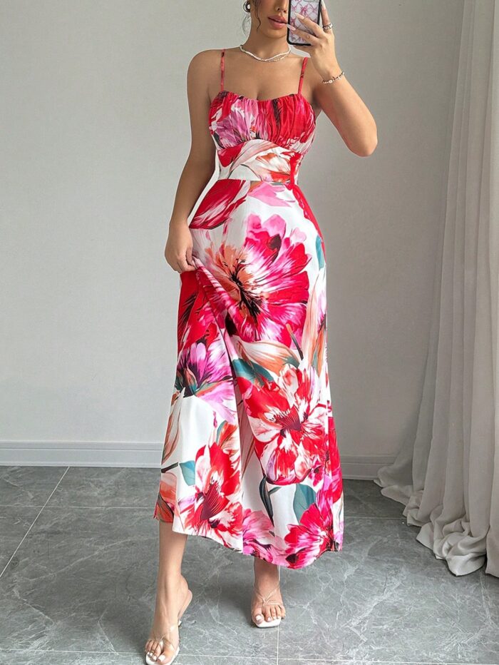 Calvaya Flower Print Slim Fit Spaghetti Strap Dress - Image 3