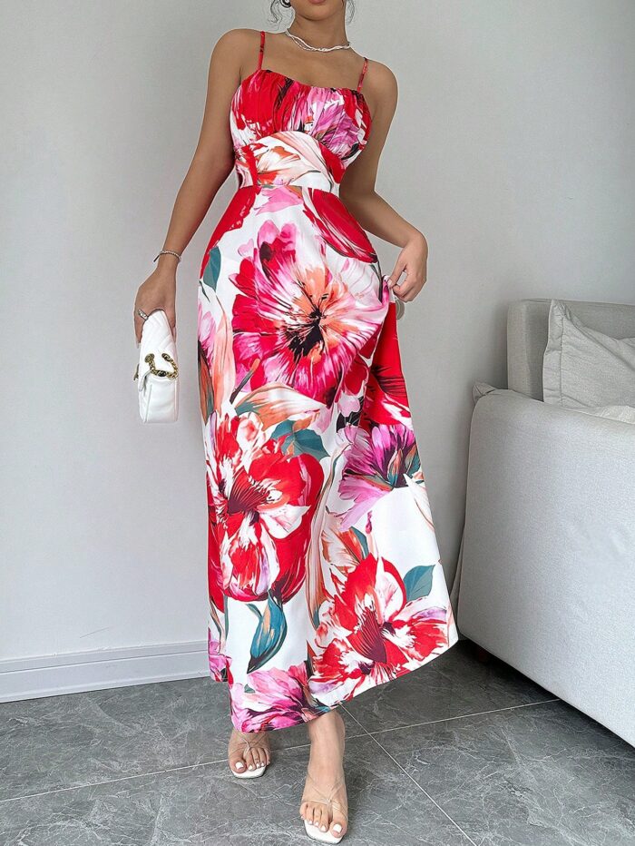 Calvaya Flower Print Slim Fit Spaghetti Strap Dress - Image 4