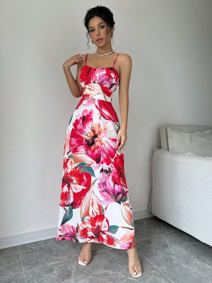 Calvaya Flower Print Slim Fit Spaghetti Strap Dress - Image 5