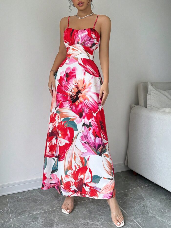 Calvaya Flower Print Slim Fit Spaghetti Strap Dress - Image 6