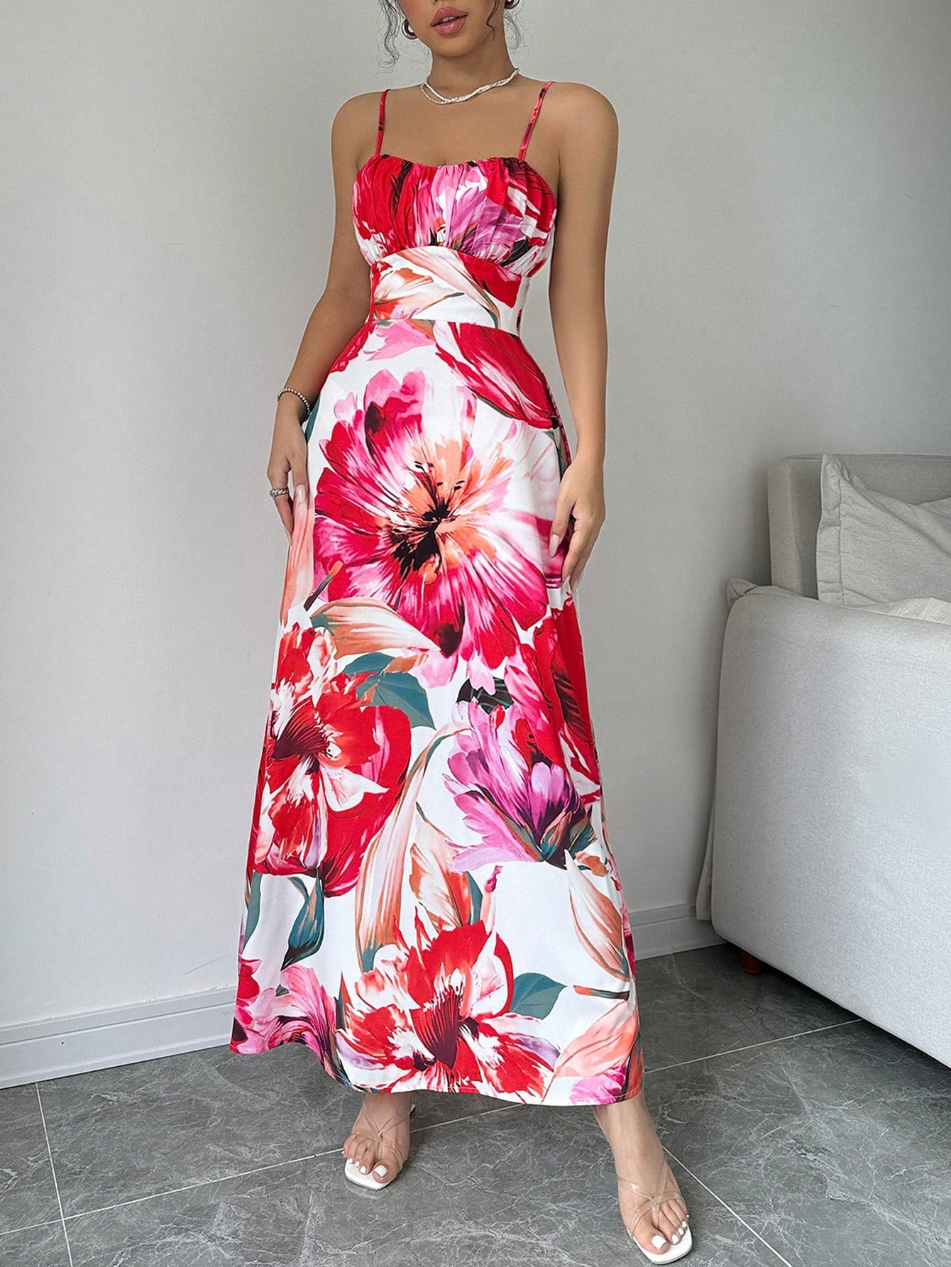Calvaya Flower Print Slim Fit Spaghetti Strap Dress - Image 6