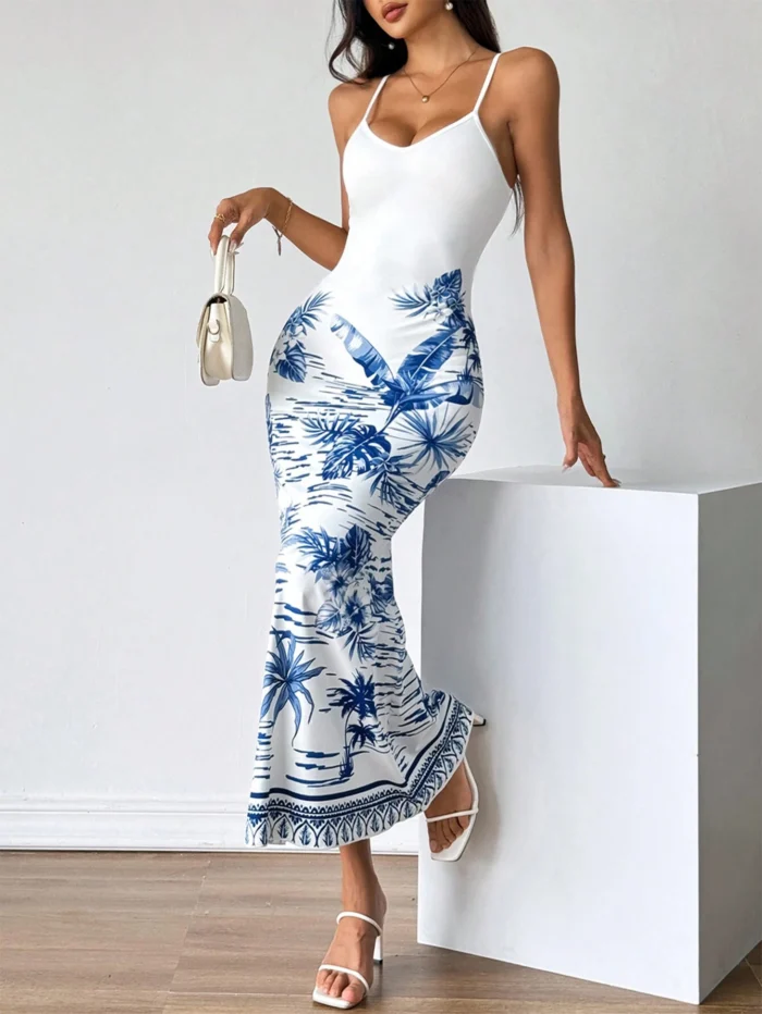 Firerie Women's Blue And White Tropical Print Strappy Summer Long Dress
