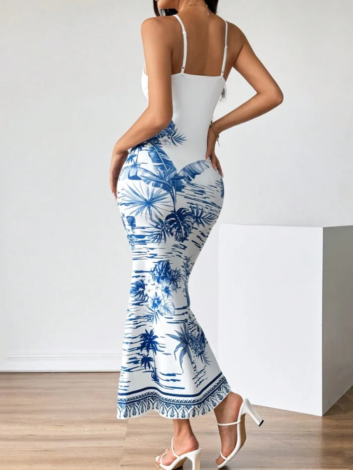 Firerie Women's Blue And White Tropical Print Strappy Summer Long Dress - Image 2