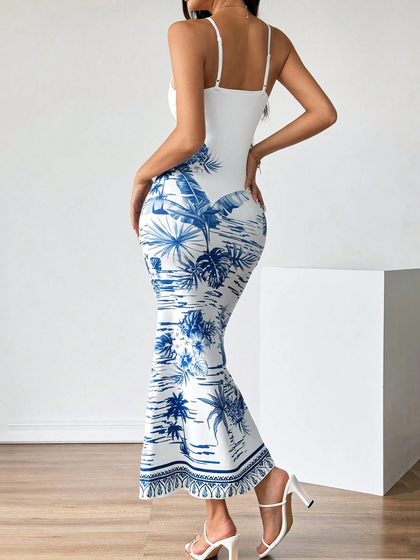 Firerie Women's Blue And White Tropical Print Strappy Summer Long Dress - Image 2