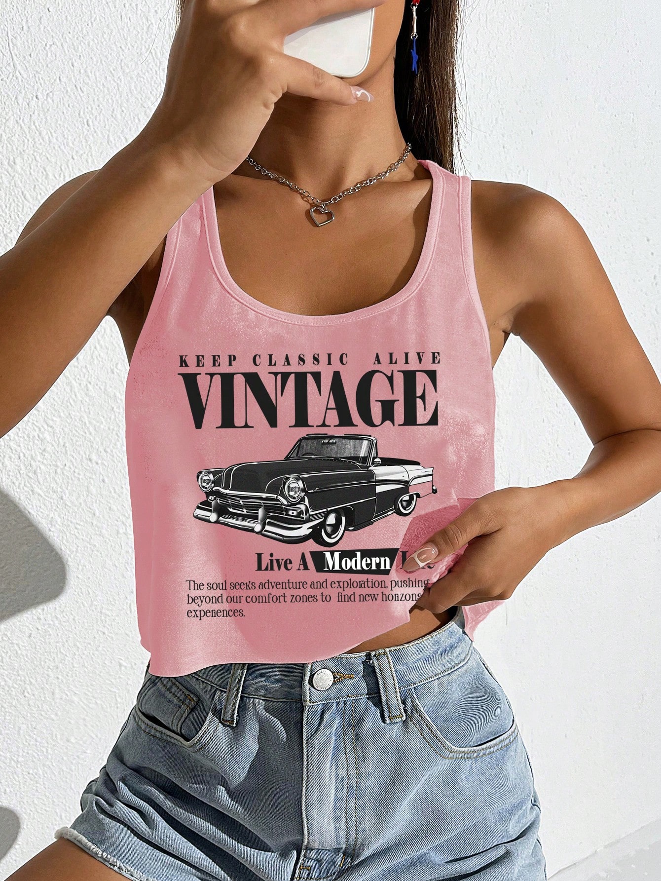 SHEIN EZwear Women's Casual Vintage Car Graphic Pink Loose Cropped Tank Top