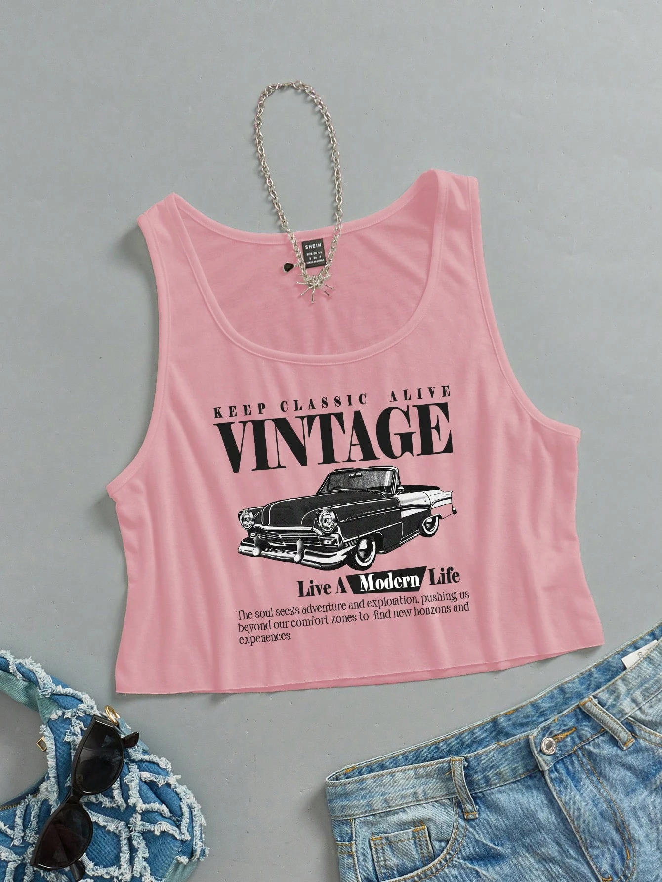 SHEIN EZwear Women's Casual Vintage Car Graphic Pink Loose Cropped Tank Top - Image 3