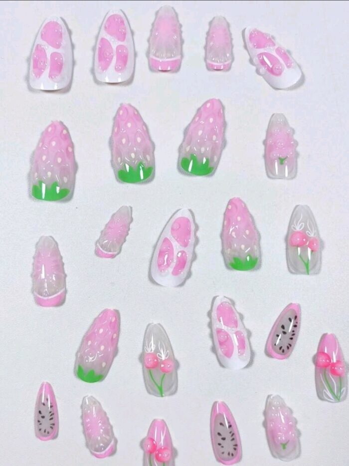 24Pcs Long Almond 3d Gelnails Makes Flower Nails Design French Tip Press On - Image 2