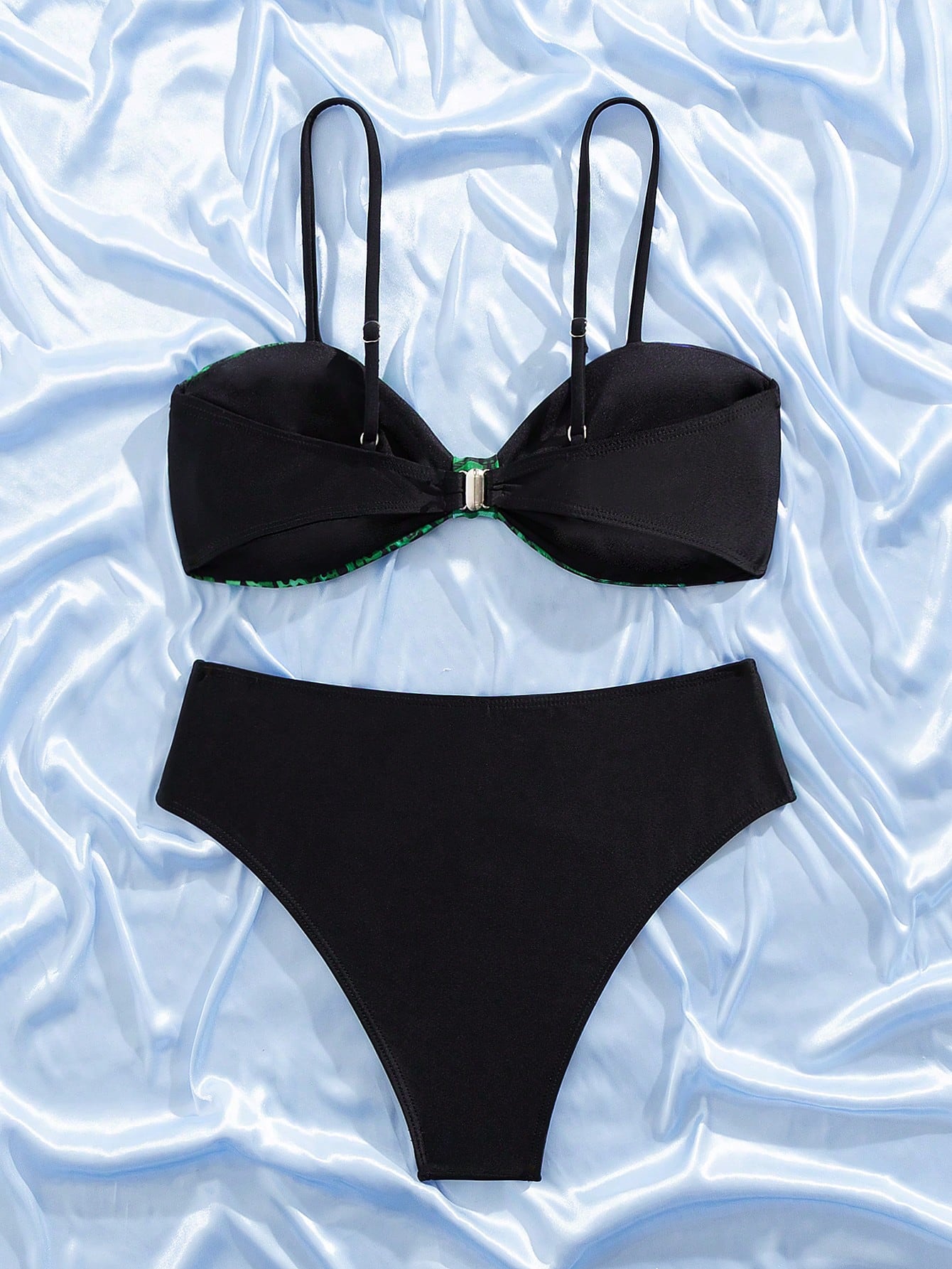 Summer Colorblock Mixed Leopard Print Twist Design Spaghetti Strap Split Bikini - Image 9