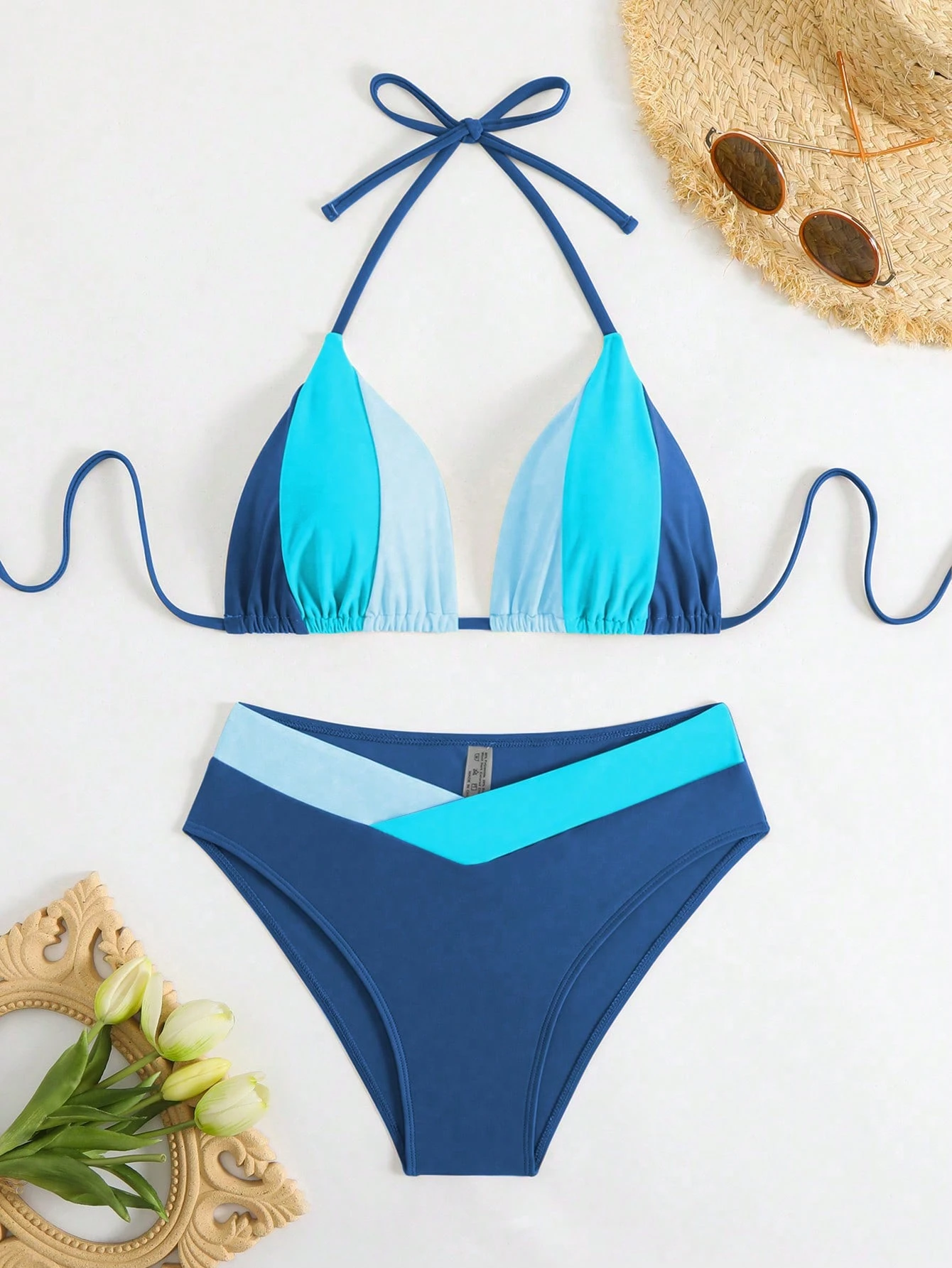 Swim Chiccia Women's New Summer Colorblock Triangle Halter Tie Bikini Set - Image 4