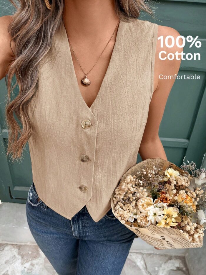 Vivid Eden Women Plain Color Single Breasted V-Neck Casual Tank Top