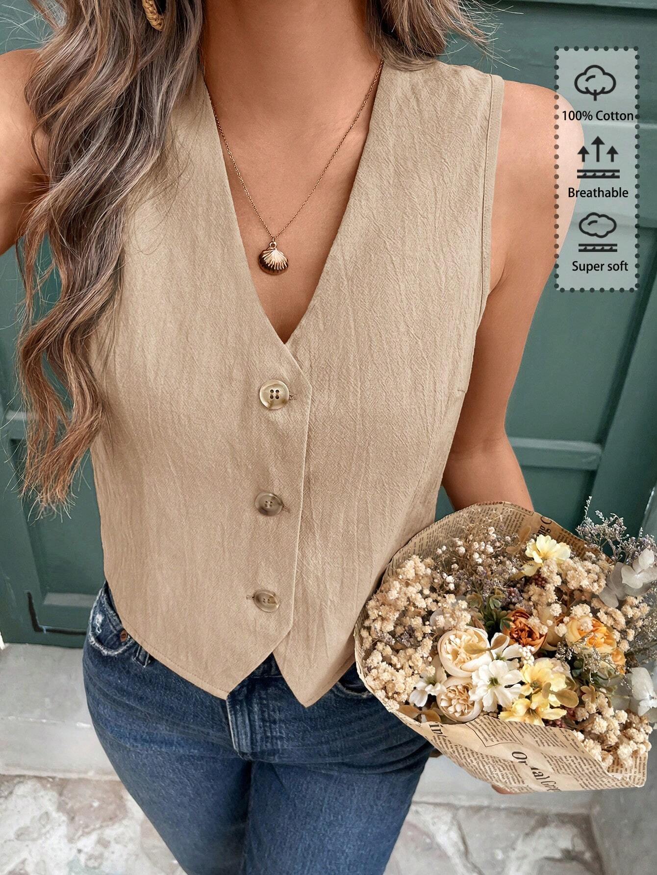 Vivid Eden Women Plain Color Single Breasted V-Neck Casual Tank Top - Image 4