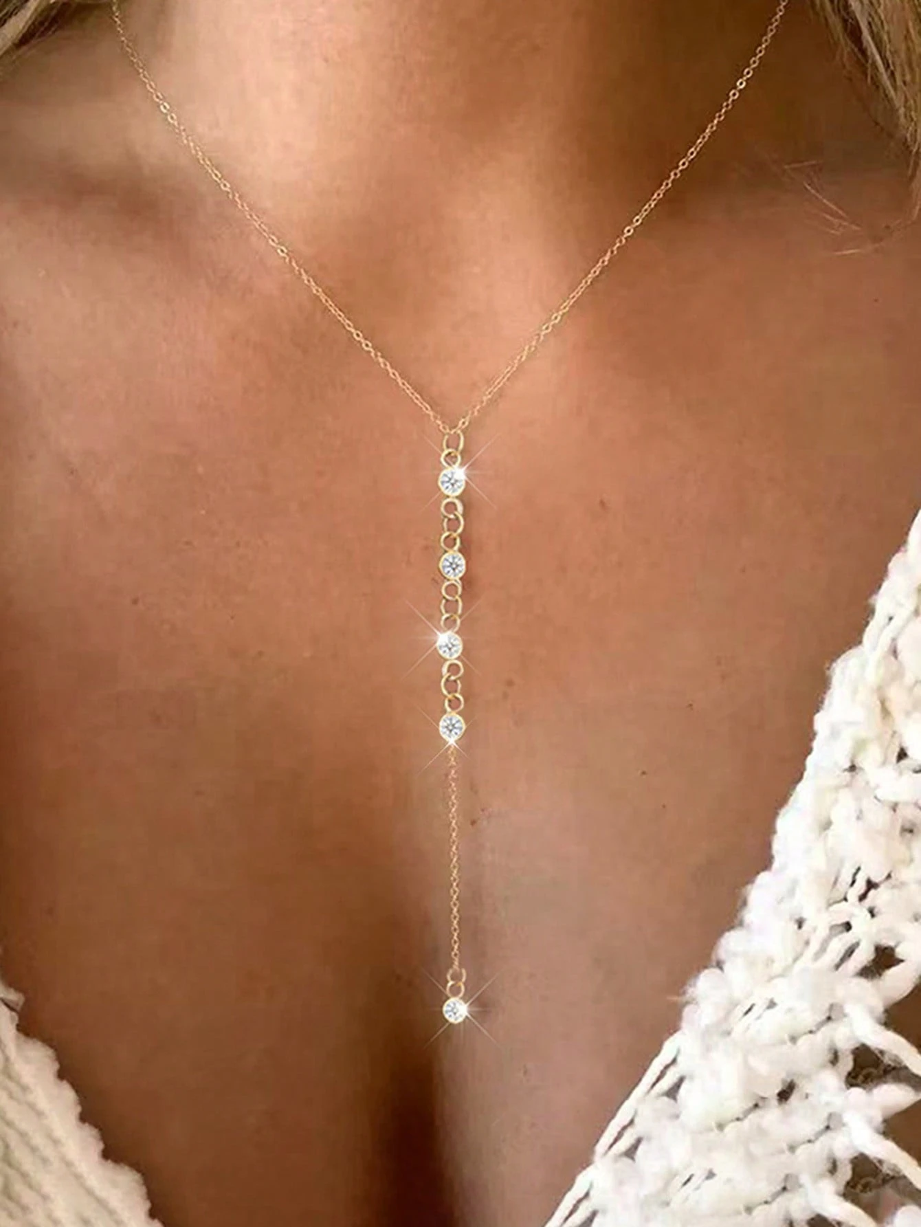 1pc 18K Gold Plated Stainless Steel Y-Shaped Tassel Beaded Long Necklace - Image 2