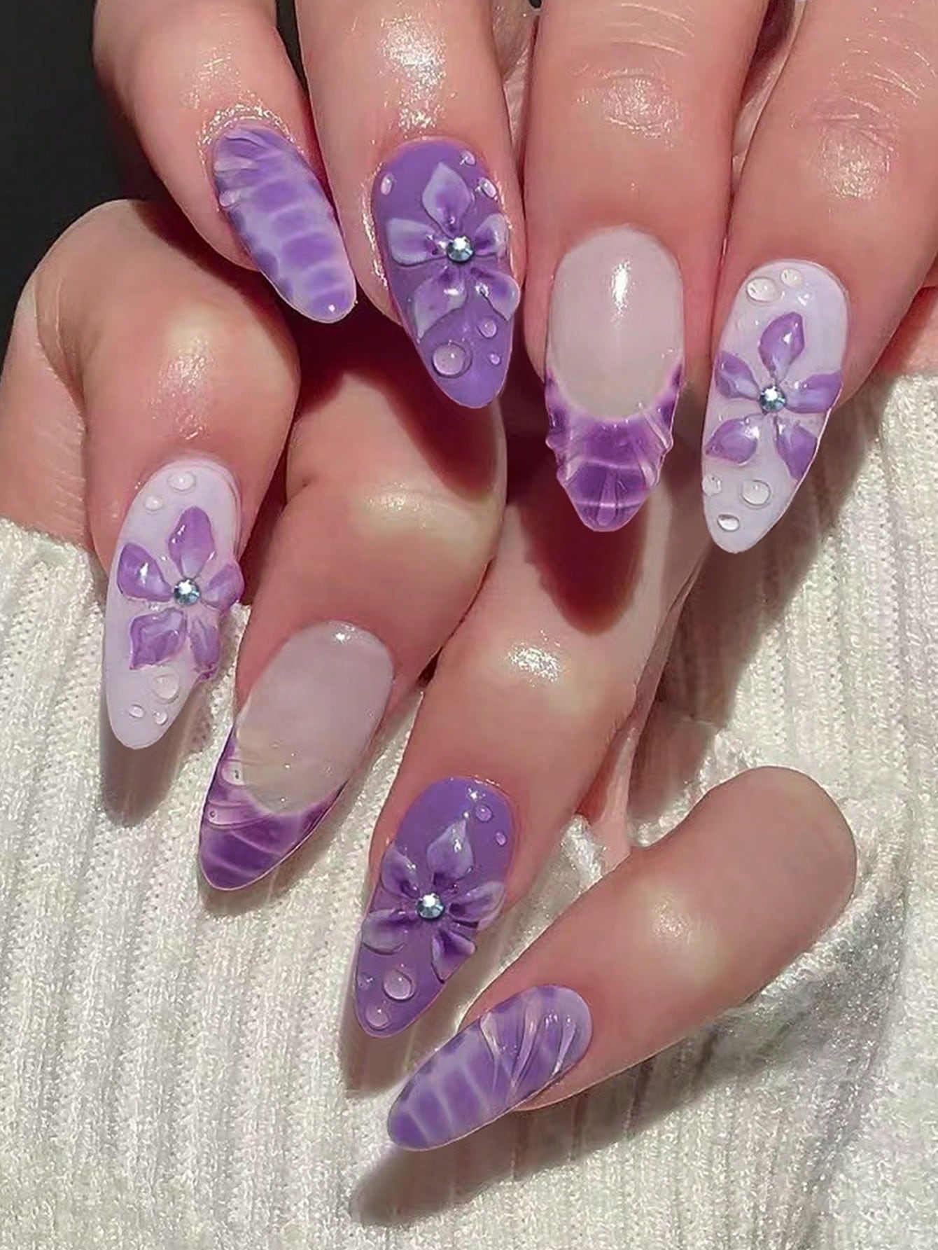 24Pcs Long Almond 3D Gel Nails Makes Flower Nails Design French Tip Press On Nails