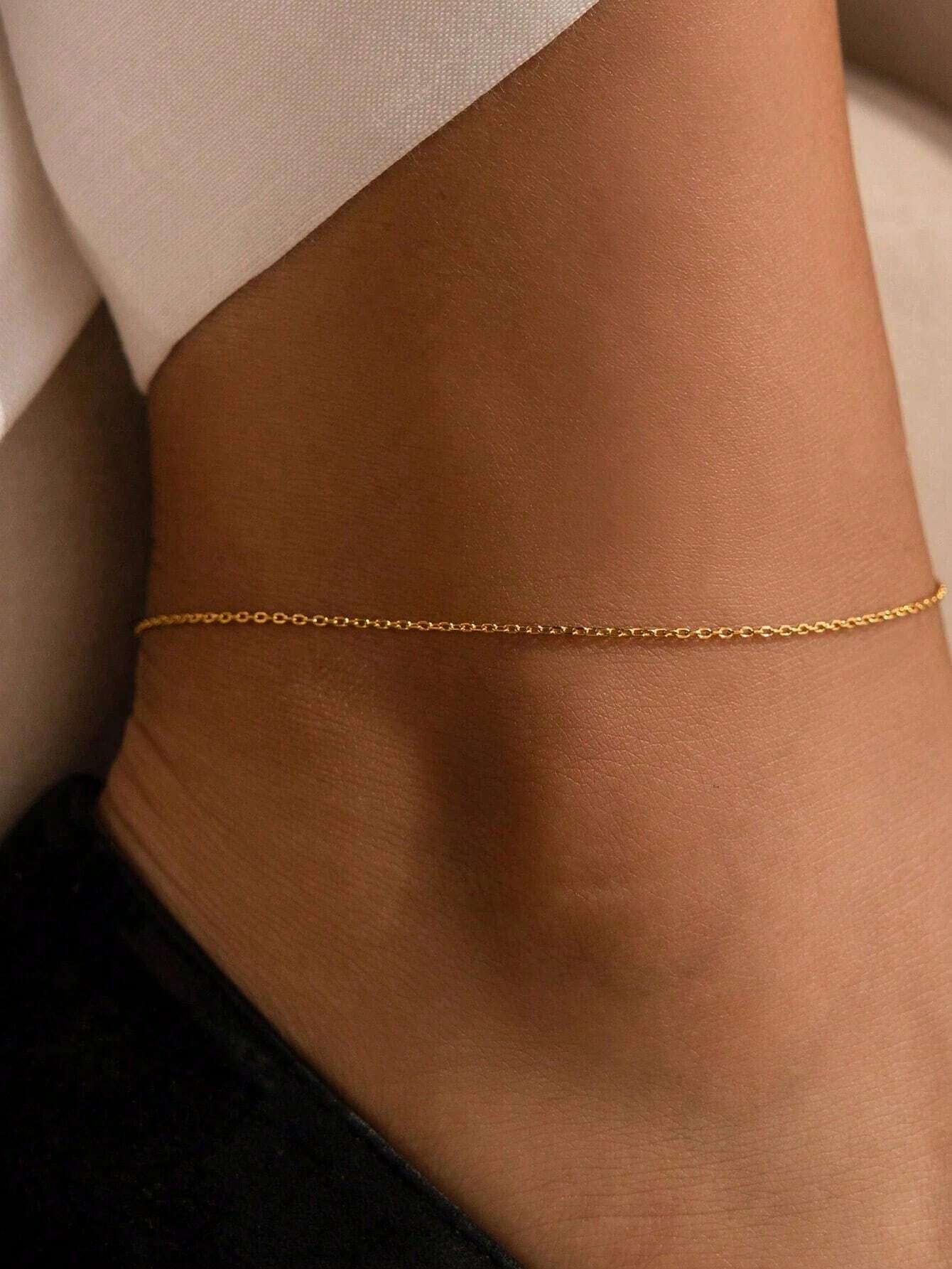 2 Pieces/Set Gold Stainless Steel Electroplated 18K Flat Chain Anklet Set - Image 2