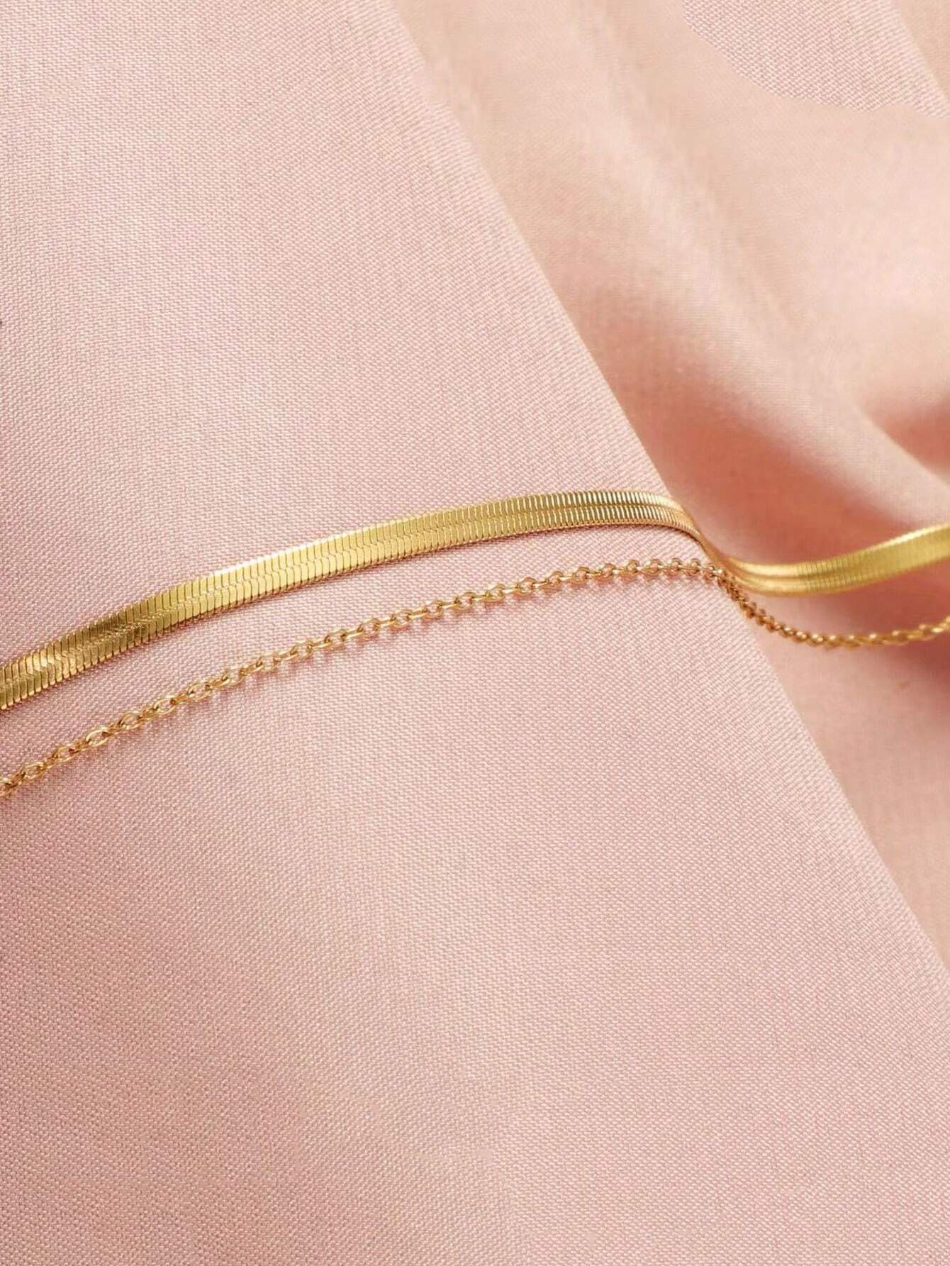 2 Pieces/Set Gold Stainless Steel Electroplated 18K Flat Chain Anklet Set - Image 3