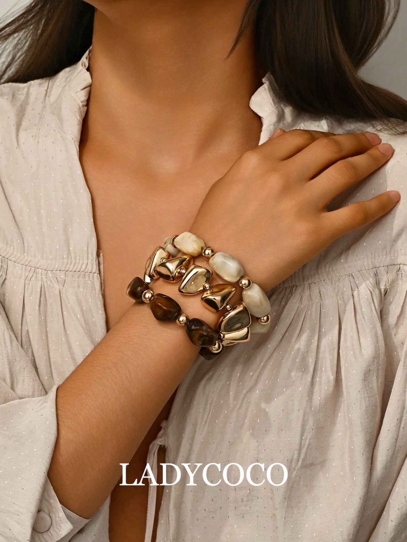 3pcs Vintage Multi-Layer Brown Acrylic Beaded Bracelet