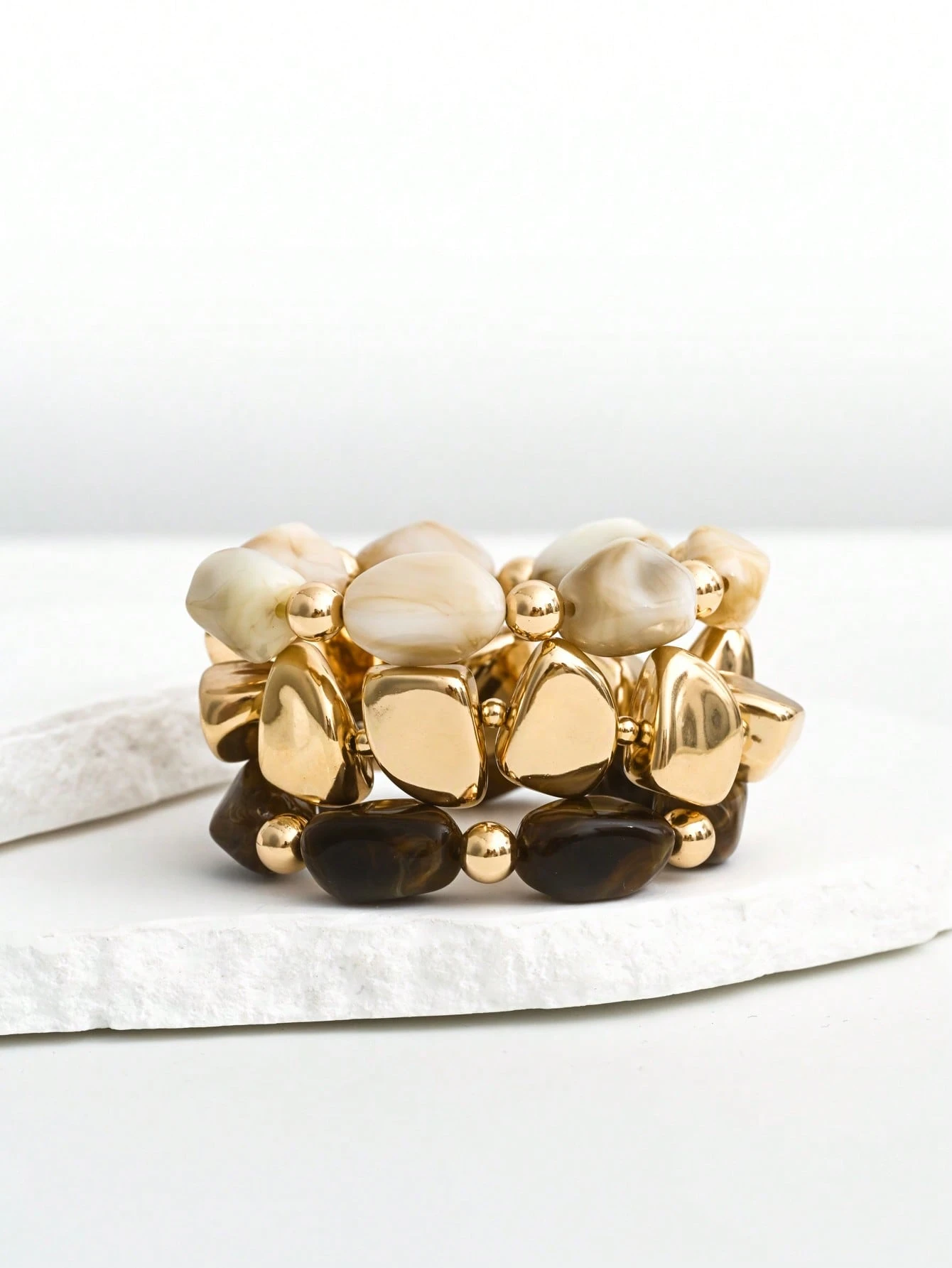 3pcs Vintage Multi-Layer Brown Acrylic Beaded Bracelet - Image 2