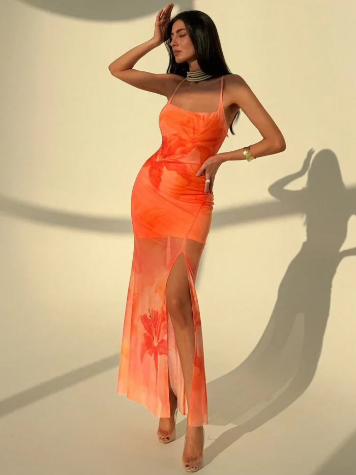 Aloruh Orange Floral Mesh Maxi Slit Bodycon Slip Dress