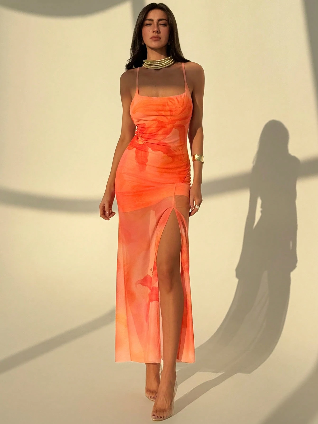 Aloruh Orange Floral Mesh Maxi Slit Bodycon Slip Dress - Image 3
