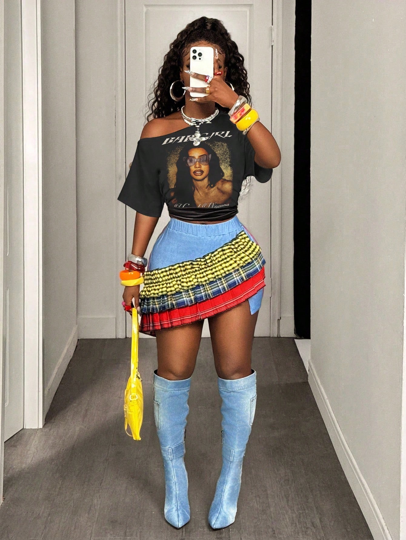 BamGleam Streetwear Women's Casual Asymmetric Neckline Letter & Number Print Short T-Shirt - Image 4