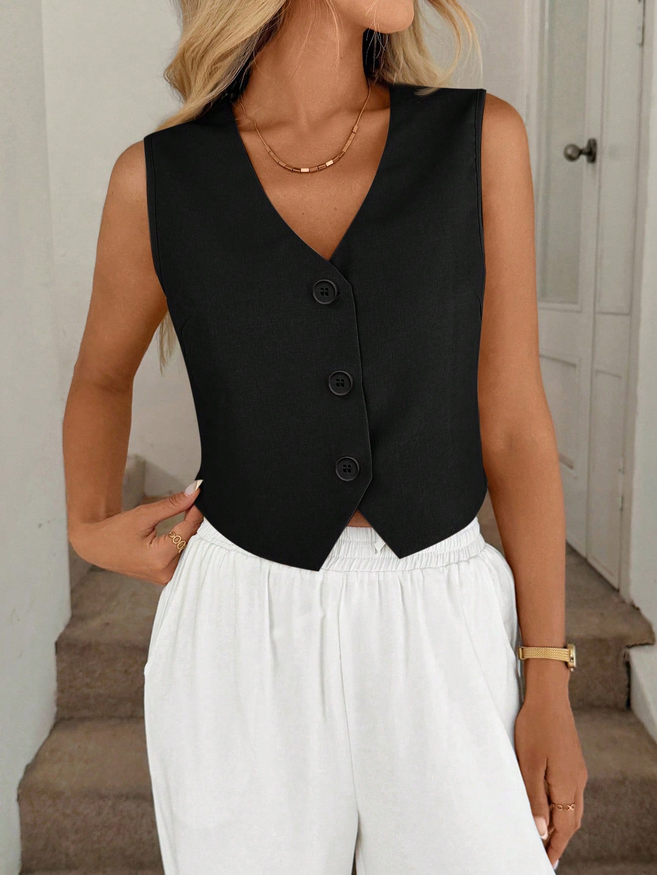 Easowa Black Vest Thin Jacket, Women Office Wear Blouse