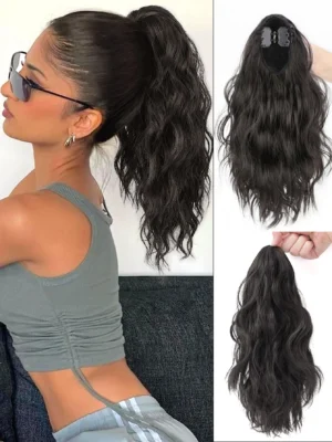 1pc Claw Clip Water Wave Ponytail With Big Curls, 16 Inches, Brown/black Mix Color High Ponytail