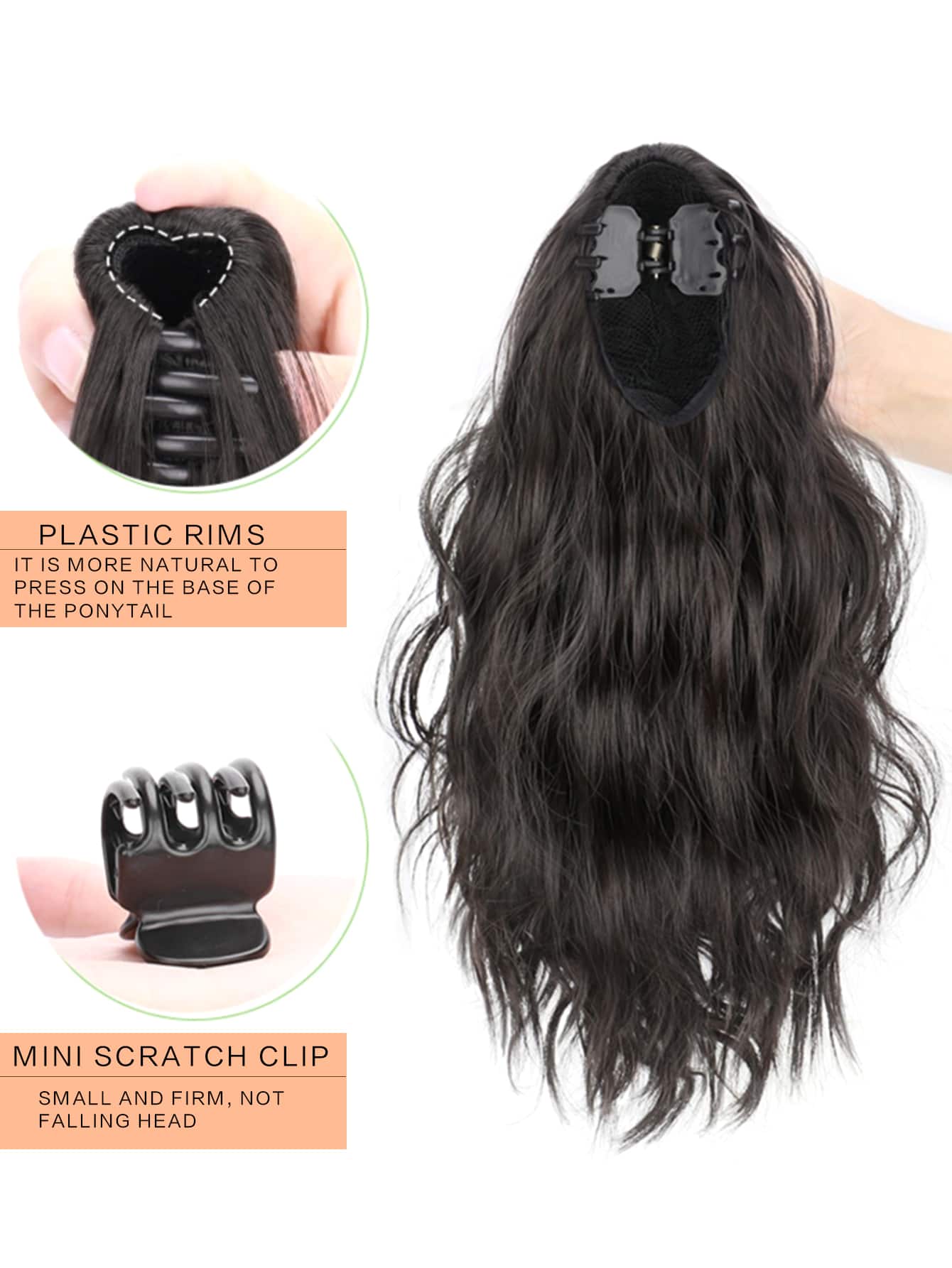 1pc Claw Clip Water Wave Ponytail With Big Curls, 16 Inches, Brown/black Mix Color High Ponytail - Image 3