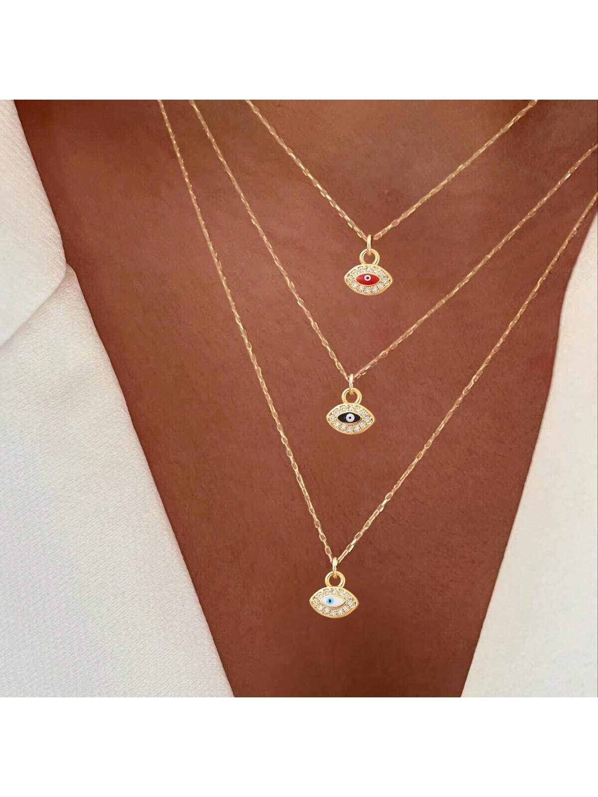 1pc New Fashion Colorful Pave Zirconia Eye Pendant Golden Stainless Steel Chain Necklace