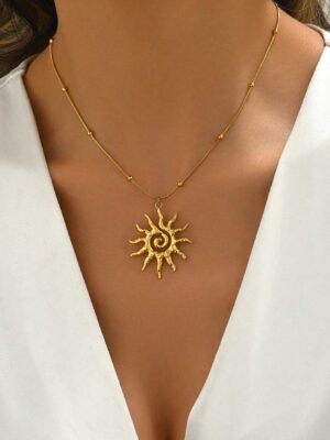 1pc Women 18K Gold Plated Stainless Steel Swirl Sun Pendant Necklace