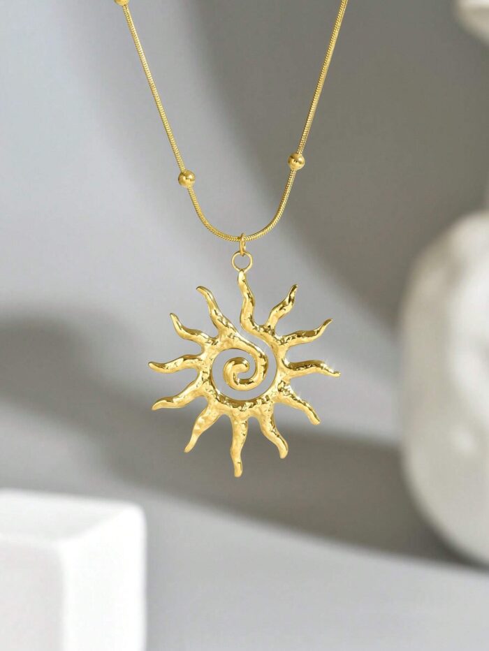 1pc Women 18K Gold Plated Stainless Steel Swirl Sun Pendant Necklace - Image 2