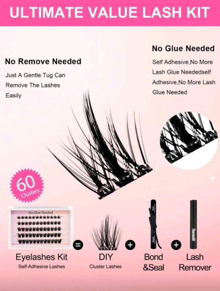 60Pcs C Curl Self Adhesive Individual Cluster Lashes Kit 8-16mm DIY Lash Extension Set With Tweezers And Lash Clurler Press On Segmented Lashes No Glue Needed - Image 4