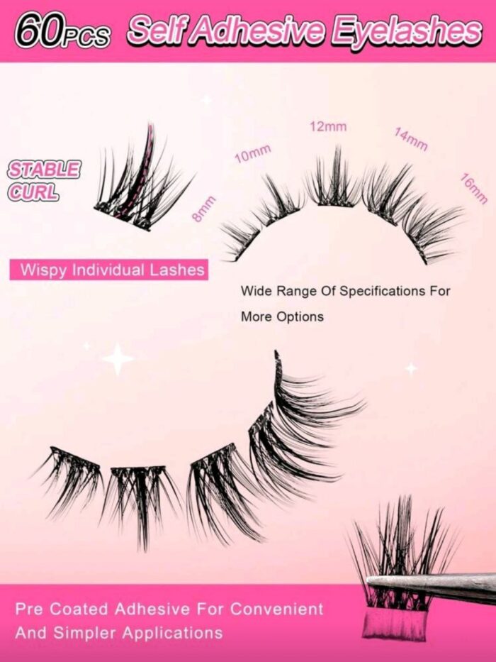 60Pcs C Curl Self Adhesive Individual Cluster Lashes Kit 8-16mm DIY Lash Extension Set With Tweezers And Lash Clurler Press On Segmented Lashes No Glue Needed - Image 5