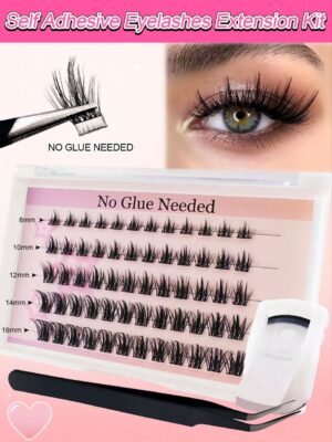 60Pcs C Curl Self Adhesive Individual Cluster Lashes Kit 8-16mm DIY Lash Extension Set With Tweezers And Lash Clurler Press On Segmented Lashes No Glue Needed