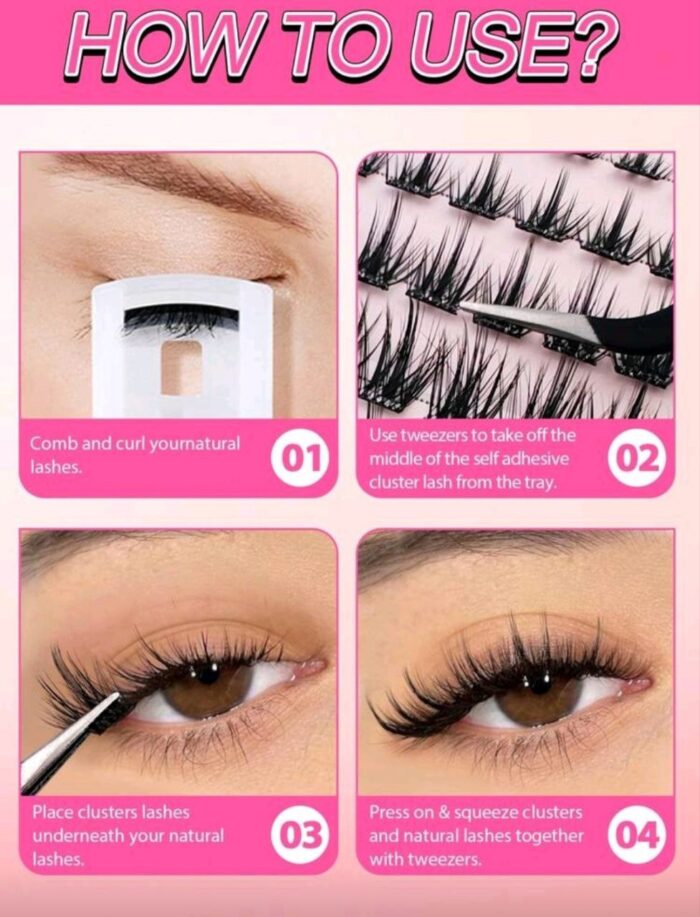 60Pcs C Curl Self Adhesive Individual Cluster Lashes Kit 8-16mm DIY Lash Extension Set With Tweezers And Lash Clurler Press On Segmented Lashes No Glue Needed - Image 9