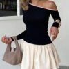 Calvaya Women's Fashionable Two-Tone Off Shoulder Fitted Long Sleeve T-Shirt