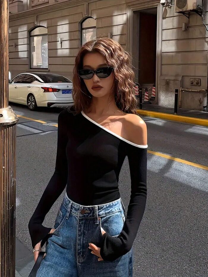 Calvaya Women's Fashionable Two-Tone Off Shoulder Fitted Long Sleeve T-Shirt - Image 3