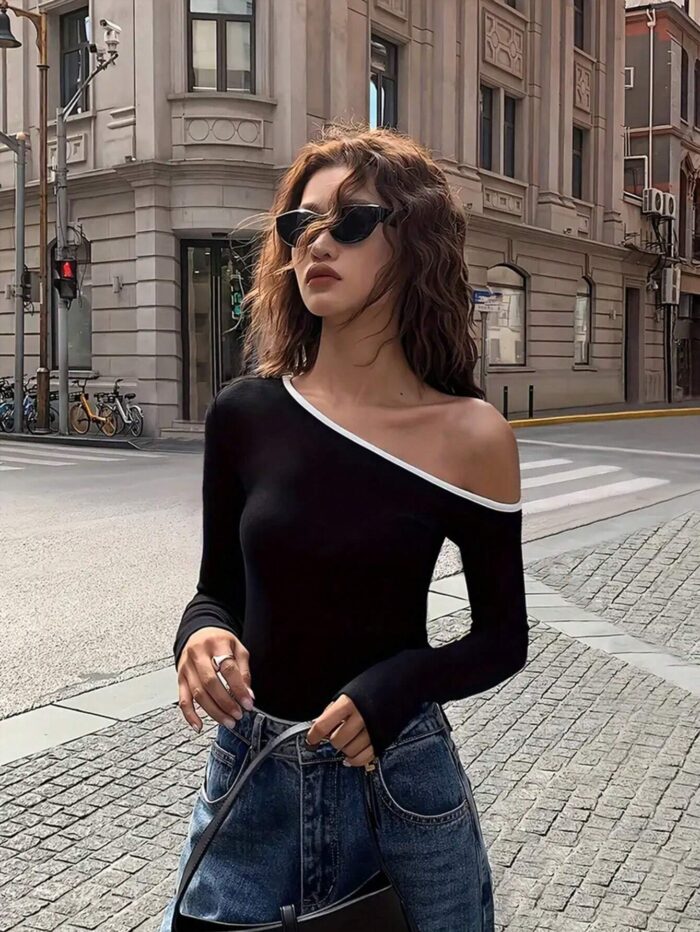 Calvaya Women's Fashionable Two-Tone Off Shoulder Fitted Long Sleeve T-Shirt - Image 4