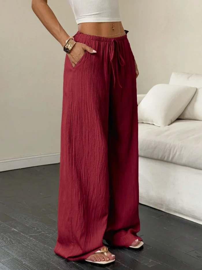 Flirla Women's Casual Solid Color Textured Fabric Knotted Waist Slant Pocket Wide Leg Pants Fall Cloth - Image 7