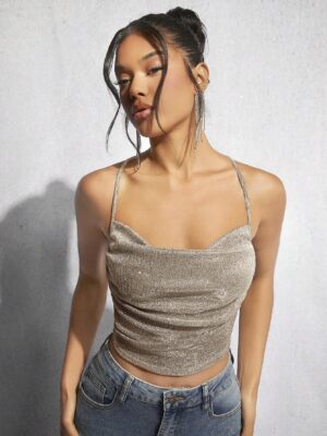 SHEIN BAE Women's Fashionable Slim Sequin Detailing Camisole, Going Out Top