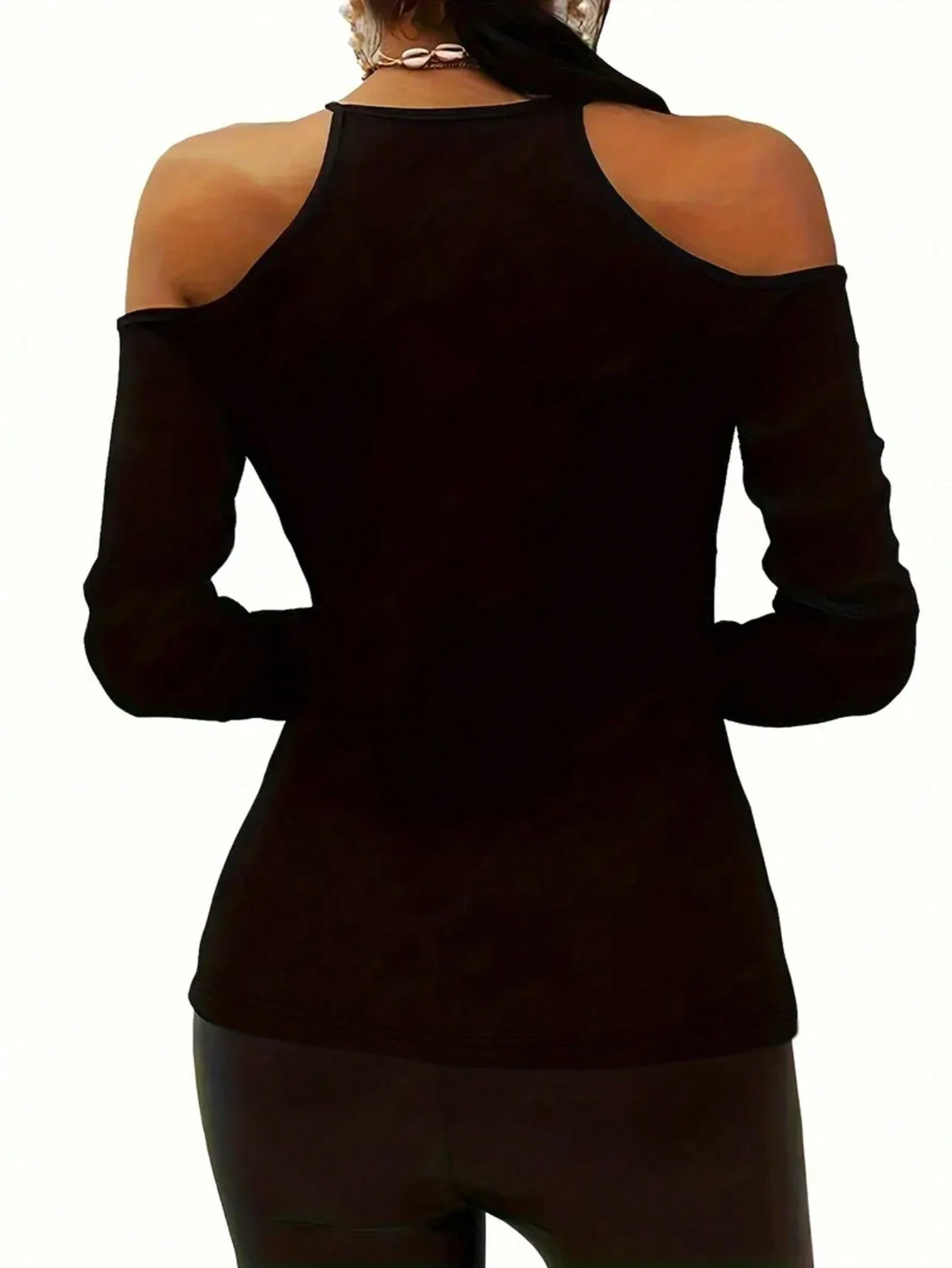 INAWLY Ladies' Solid Color Open Shoulder Long Sleeve Casual T-Shirt - Image 2