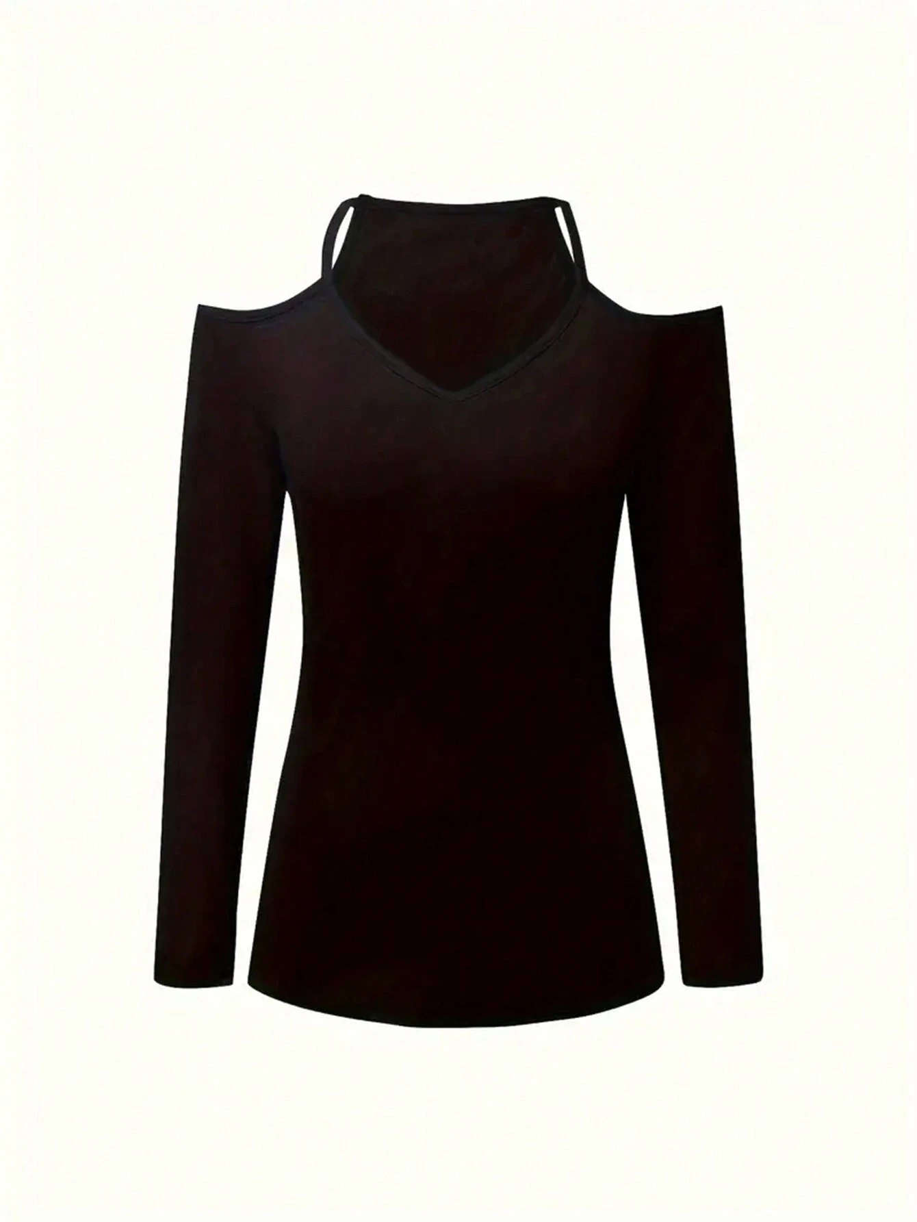 INAWLY Ladies' Solid Color Open Shoulder Long Sleeve Casual T-Shirt - Image 3