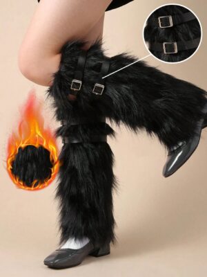 1 Pair Of Women's Y2K Punk-Style Faux Fur Leg Socks - Solid Color Fleece Winter Boots With Sock Straps And Buckles