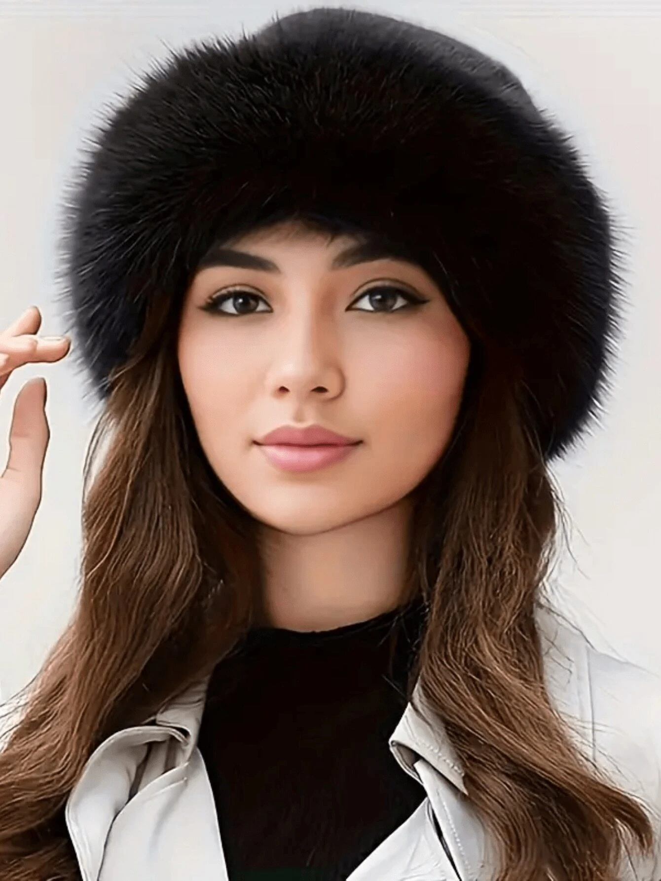 1pc Elegant Solid Color Soft Fleece Spliced Fluffy Trim Warm Windproof Winter Hat