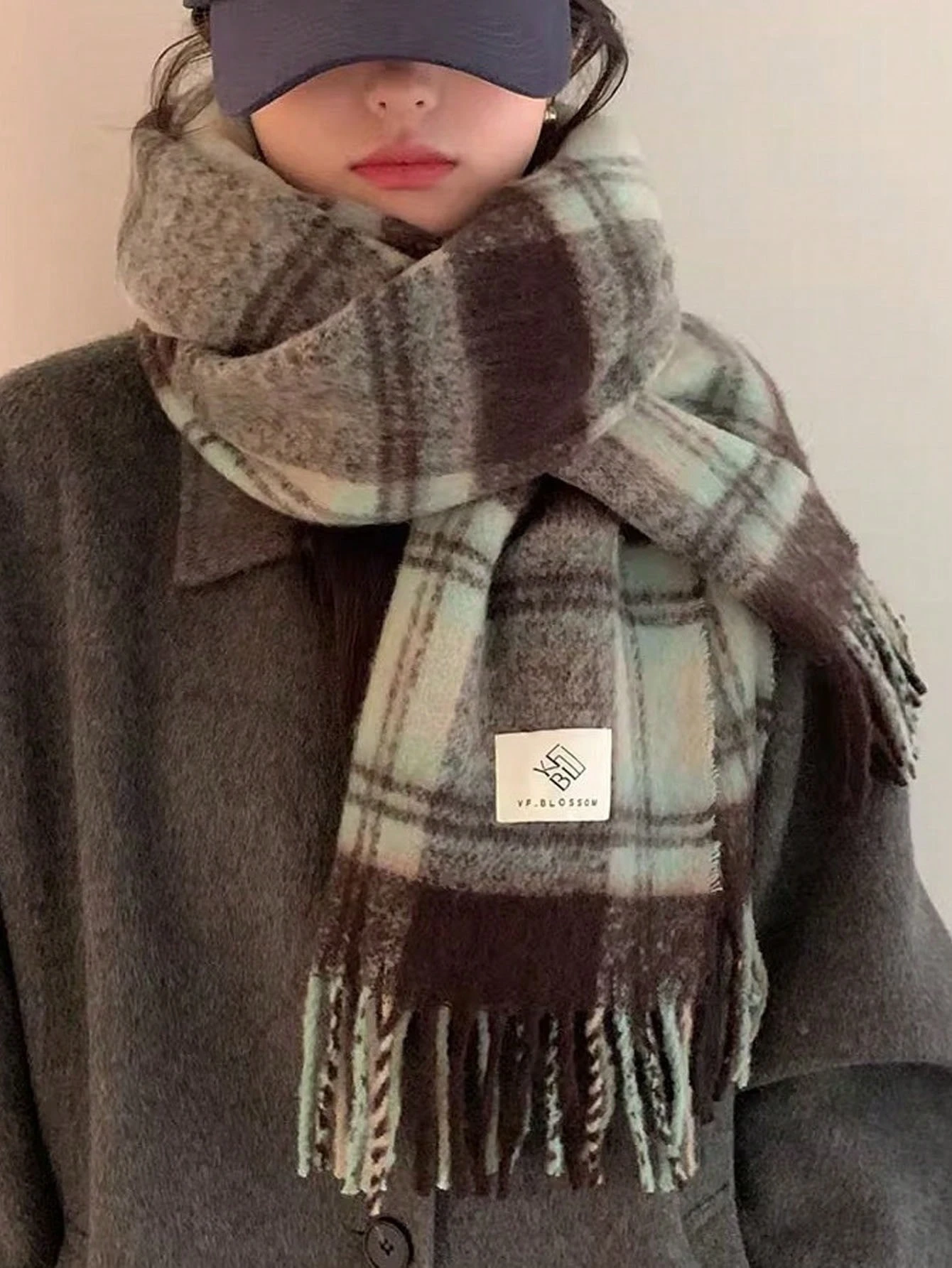 1pc Mint Green Plaid Scarf, Warm Mohair Blend Neck Warmer Shawl