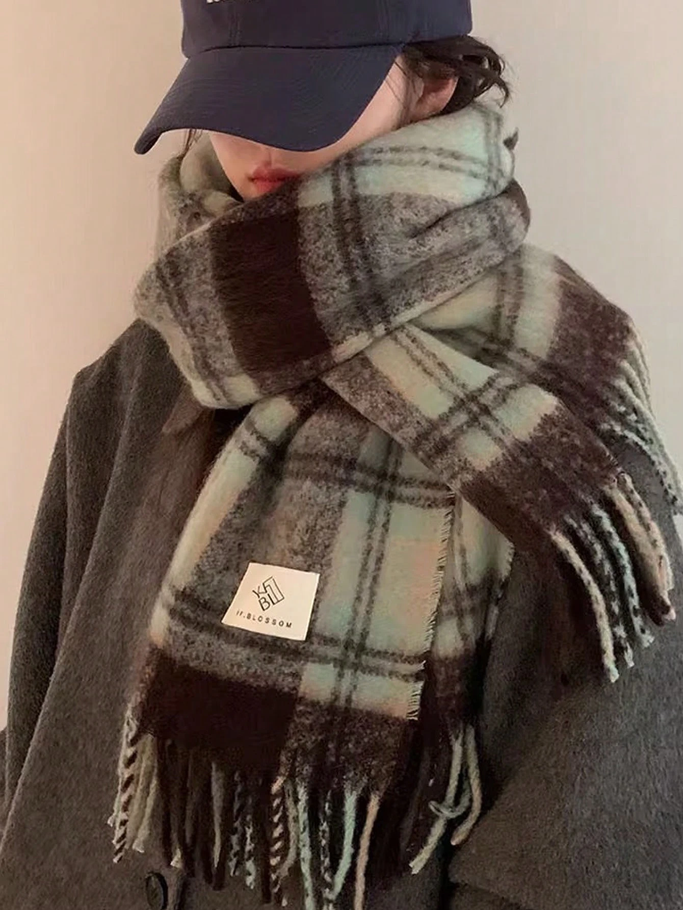 1pc Mint Green Plaid Scarf, Warm Mohair Blend Neck Warmer Shawl - Image 2