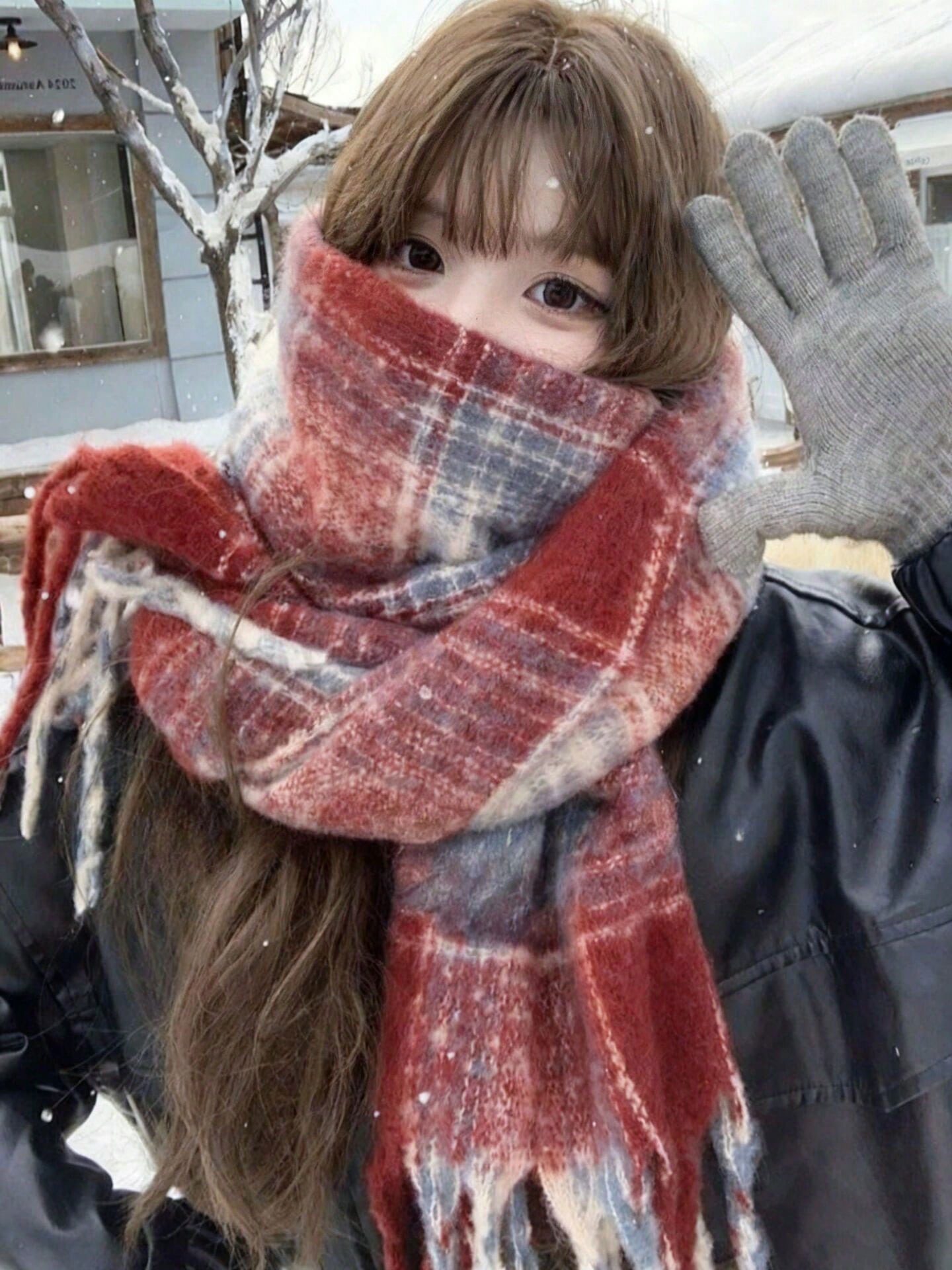 1pc Red Plaid Scarf For Women, Warm Shawl Wrap, Cozy Vibe Scarf