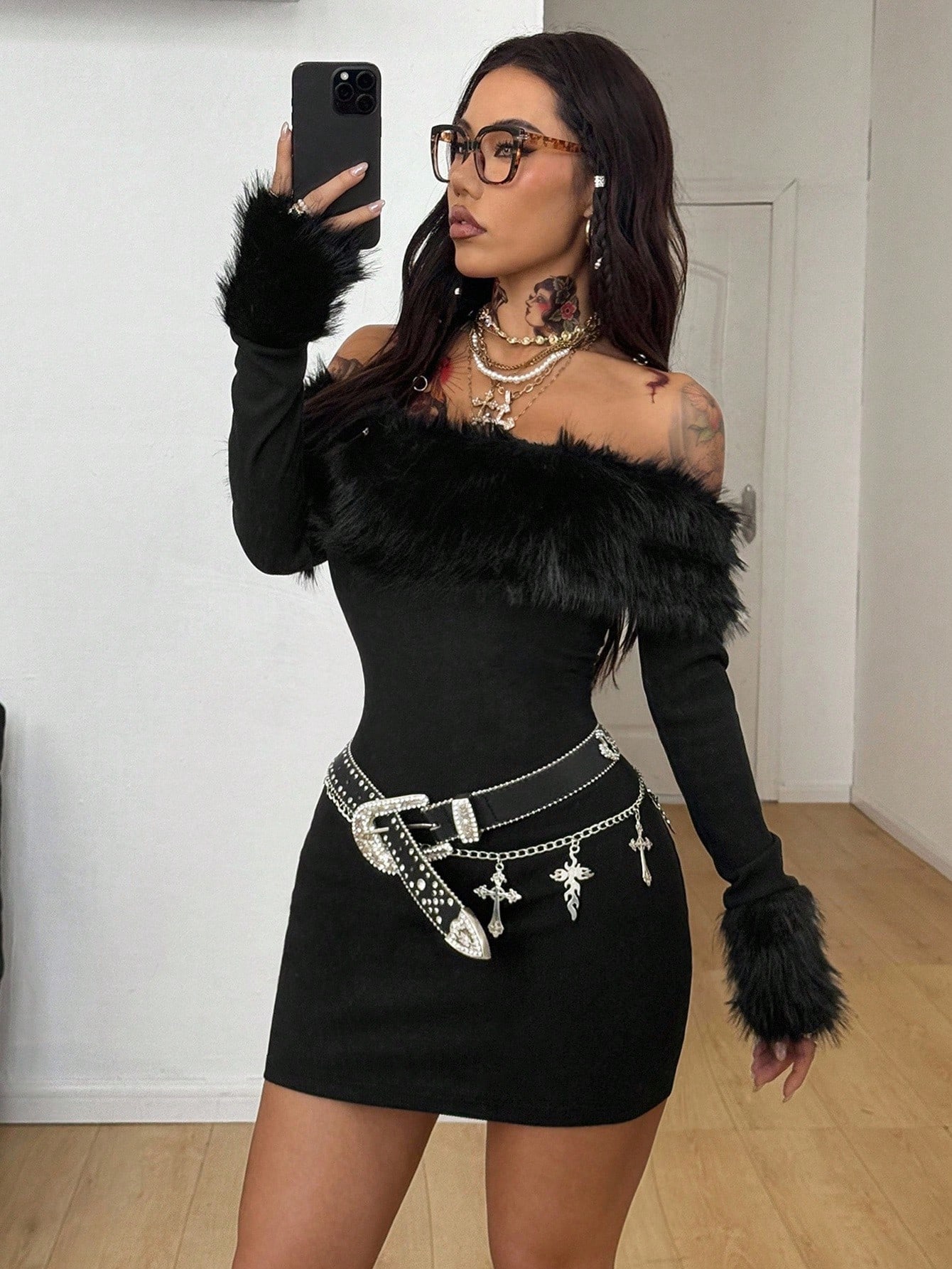 Coolane Women's Fall/Winter Streetwear Date Night Club Outfits Festival Y2K Fur Collar Dress Black - Image 3